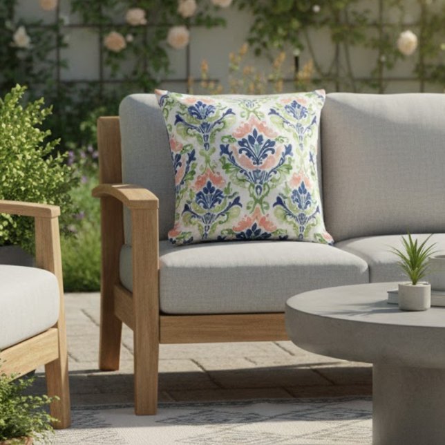 Elegant Pink Blue Green Damask Indoor Outdoor Throw Pillow (Creator Uploaded)