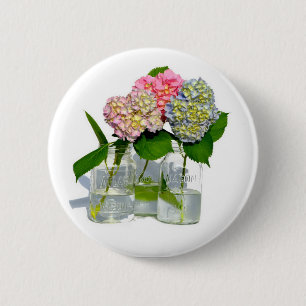 Elegant pink blue green floral hydrangea  button