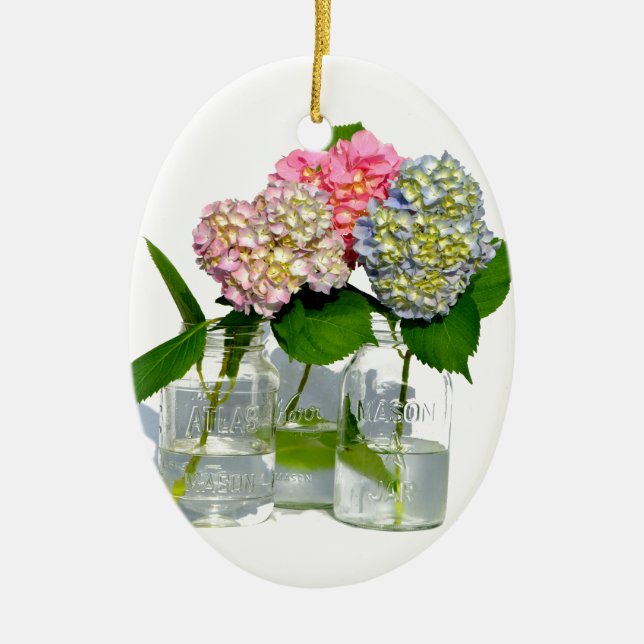 Elegant pink blue green floral hydrangea  ceramic ornament (Front)