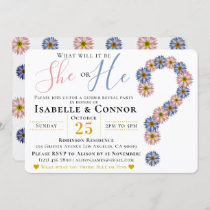 Elegant Pink Blue He or She Floral Gender Reveal Invitation