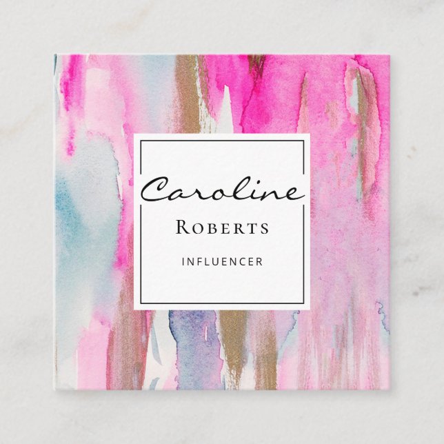 Elegant Pink Blue Modern Brushstrokes Watercolors Square Business Card (Front)