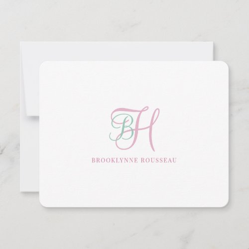 Elegant Pink Blue Monogram Flat Note Card