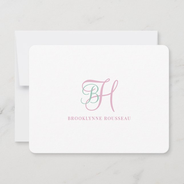 Elegant Pink Blue Monogram Flat Note Card (Front)