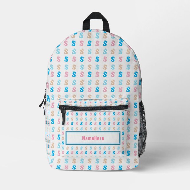 Elegant Pink Blue Monogram Pattern Name Customized Printed Backpack (Front)