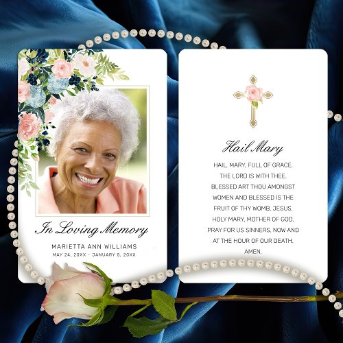 Elegant Pink Blue Rose Photo Funeral Prayer Card