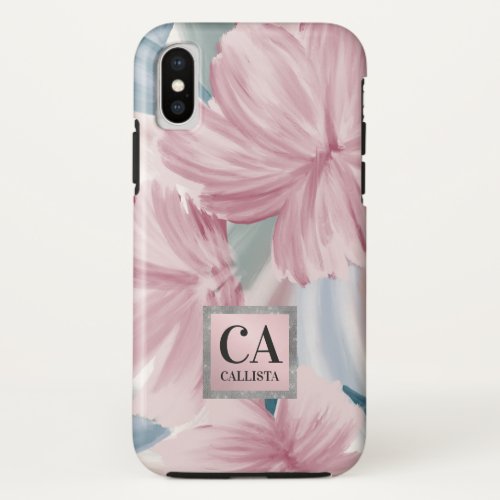 Elegant Pink Blue Silver Floral Glitter Monogram iPhone X Case