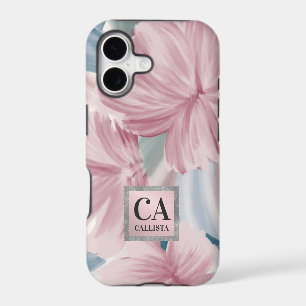 Elegant Pink Blue Silver Floral Glitter Monogram iPhone 17 Case