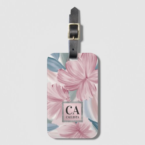 Elegant Pink Blue Silver Floral Glitter Monogram Luggage Tag