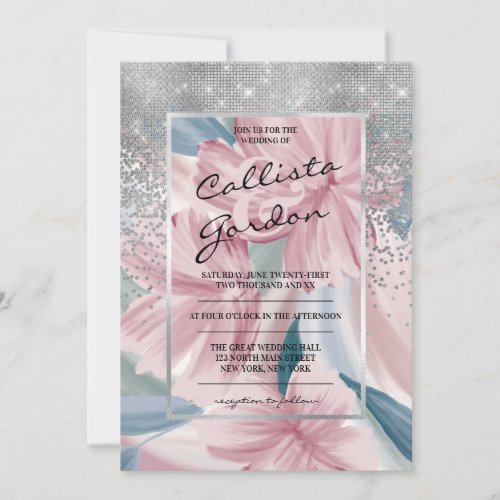 Elegant Pink Blue Silver Floral Glitter Wedding Invitation