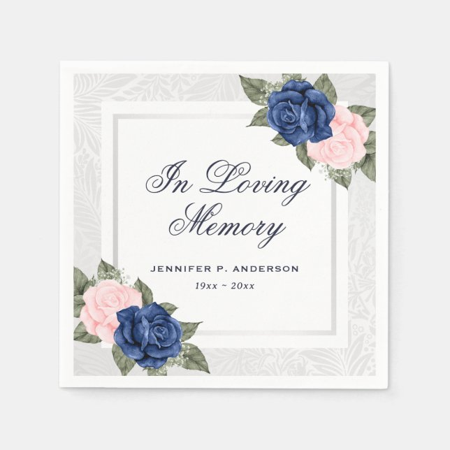 Elegant Pink Blue Silver Floral Memorial Funeral Napkins (Front)