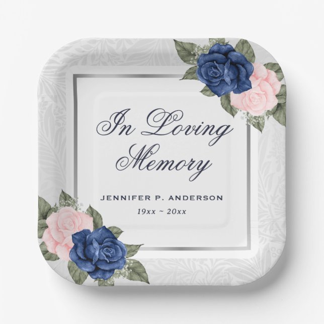 Elegant Pink Blue Silver Floral Memorial Funeral Paper Plates (Front)