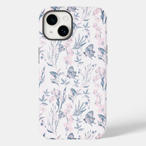 Elegant pink blue vintage butterfly floral Case_ Case_Mate iPhone 14 Case