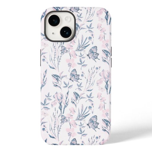 Elegant pink blue vintage butterfly floral Case- Case-Mate iPhone 14 Case