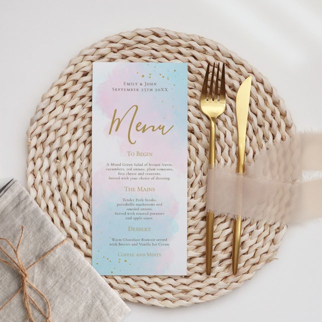 Elegant Pink Blue Watercolor Gold Splash Wedding Menu (Creator Uploaded)