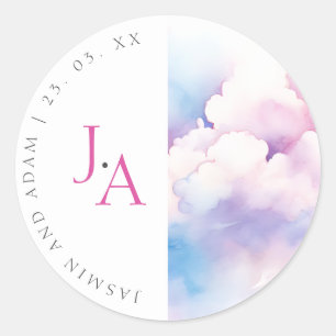 Elegant Pink Blue White Clouds Monogram Wedding Classic Round Sticker