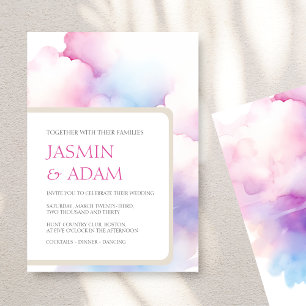 Elegant Pink Blue White Clouds Monogram Wedding Holiday Card