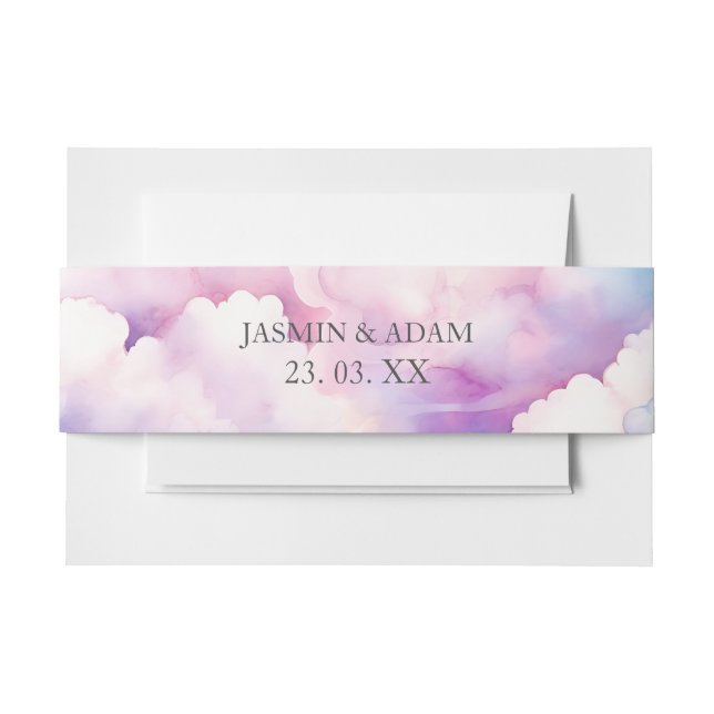 Elegant Pink Blue White Clouds Monogram Wedding Invitation Belly Band (Front Example)