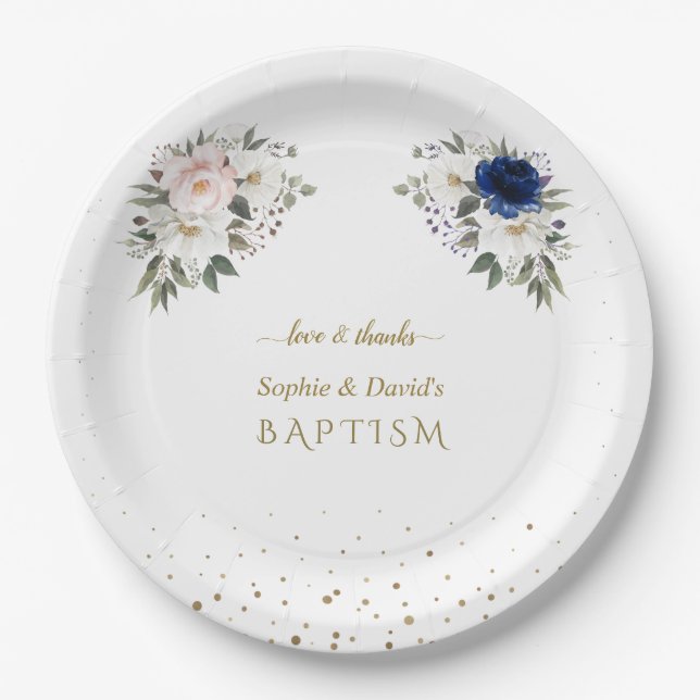 Elegant Pink Blue White Flowers Twins Baptism   Paper Plates (Front)