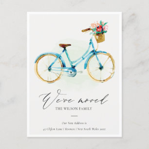 Elegant Pink Blue Yellow Floral Bike We have Moved Postcard
