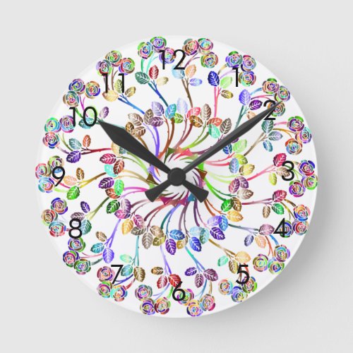 Elegant Pink Blue Yellow Watercolor Floral Round Clock