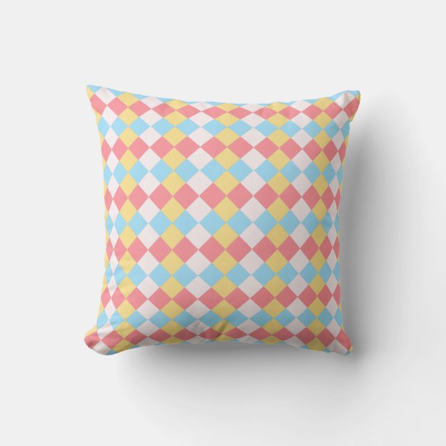 Elegant Pink Blue, Yellow & White Diamond Pattern Throw Pillow (Front)