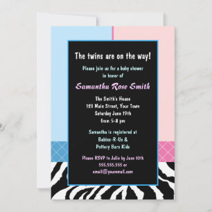 Elegant Pink Blue Zebra Boy/Girl Twins Baby Shower Invitation