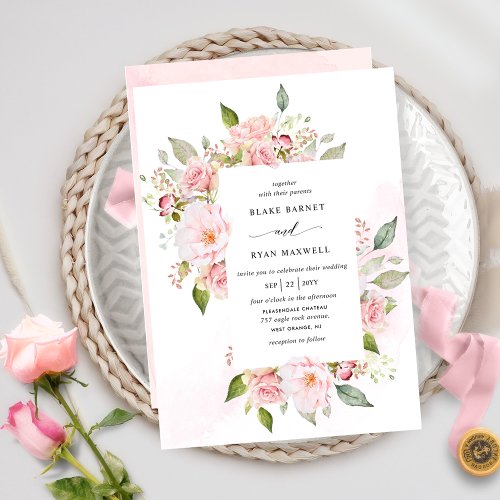 Elegant Pink Blush and Rose Gold Floral Wedding Invitation