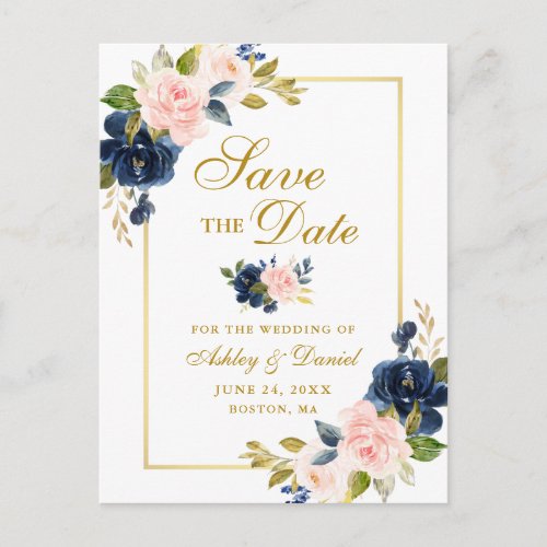 Elegant Pink Blush Blue Floral Gold Save the Date Announcement Postcard