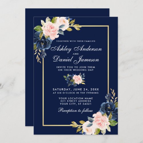 Elegant Pink Blush Blue Floral Wedding Gold Frame Invitation