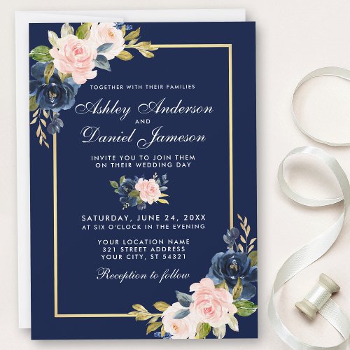 Elegant Pink Blush Blue Floral Wedding Gold Frame Invitation