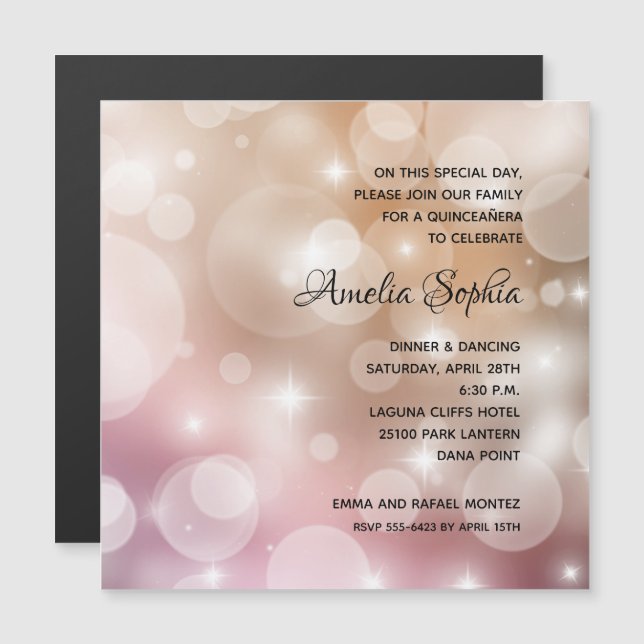 Elegant Pink Blush Bokeh Quinceañera Magnetic Invitation (Front/Back)