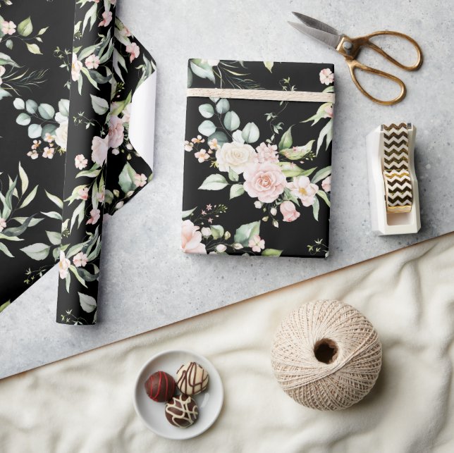 Elegant Pink Blush Eucalyptus Black Wrapping Paper (Crafts)