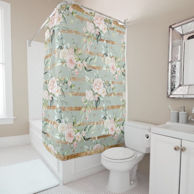 Elegant Pink Blush Eucalyptus Gold Sage  Shower Curtain (In Situ)