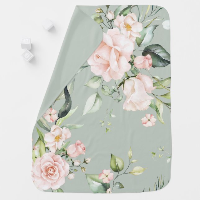 Elegant Pink Blush Eucalyptus Green Baby Blanket (In Situ)