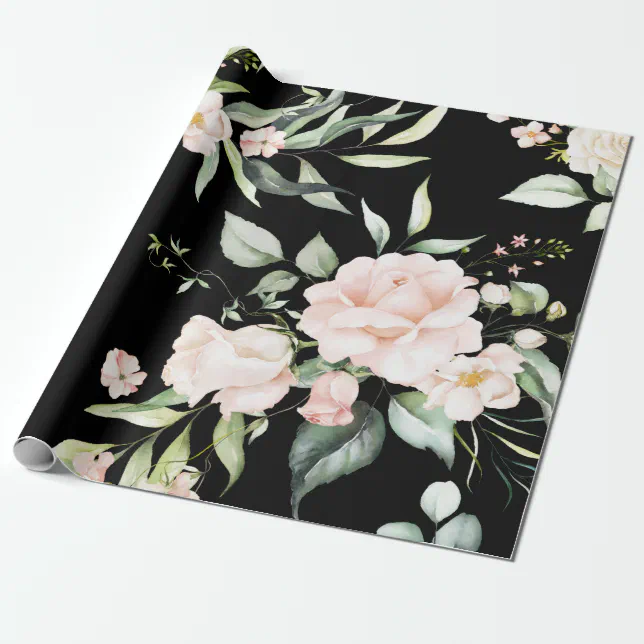 Elegant Pink Blush Eucalyptus Greenery Black Wrapping Paper | Zazzle