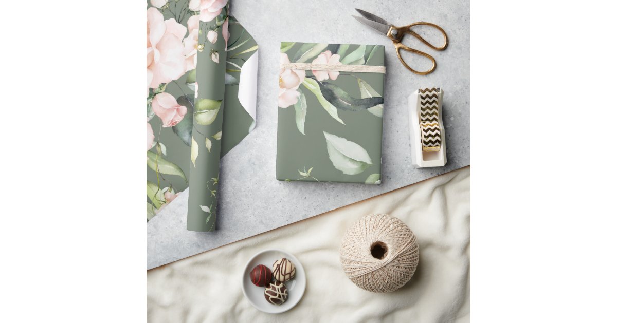 Elegant Pink Blush Eucalyptus Sage Green Wrapping Paper, Zazzle