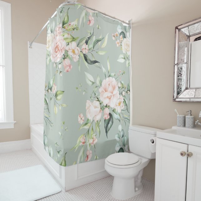 Elegant Pink Blush Eucalyptus Sage Green Shower Curtain (In Situ)