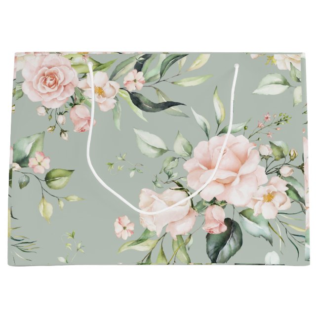 Elegant Pink Blush Eucalyptus Sage Green Wedding Large Gift Bag (Front)