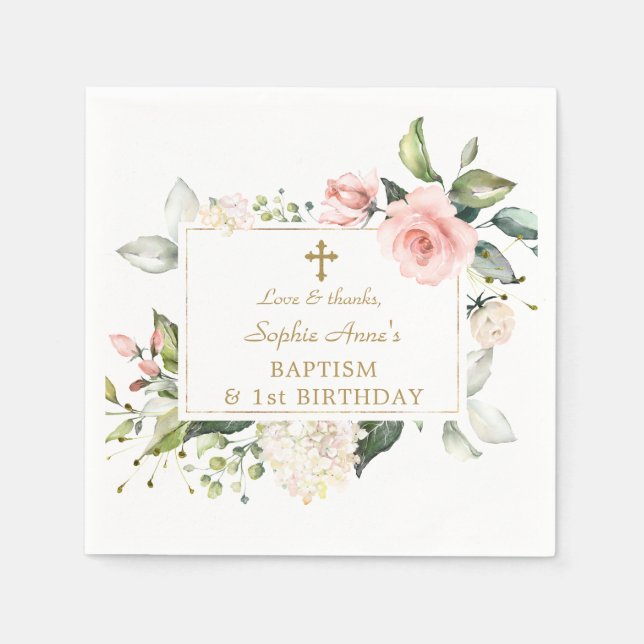 Elegant Pink Blush Floral 1st Birthday Baptism Napkins (Front)