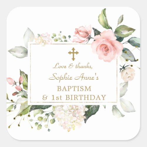 Elegant Pink Blush Floral 1st Birthday Baptism Square Sticker