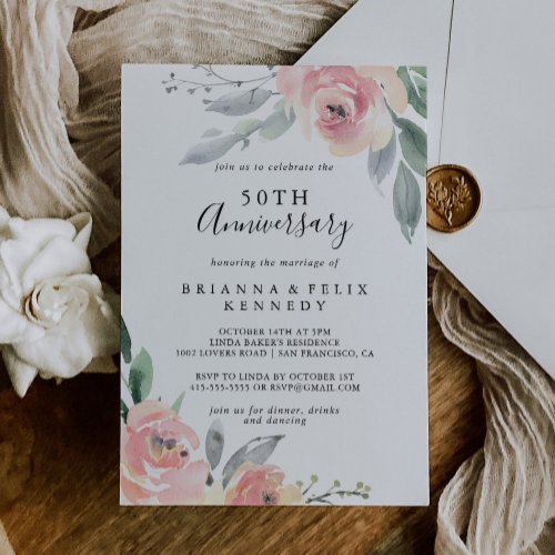 Elegant Pink Blush Floral 50th Wedding Anniversary Invitation