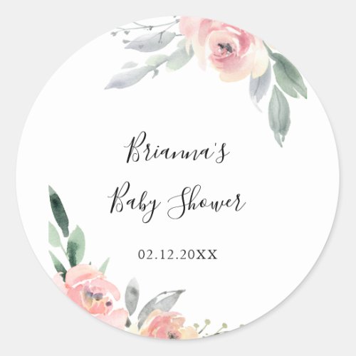 Elegant Pink Blush Floral Baby Shower Favor Classic Round Sticker