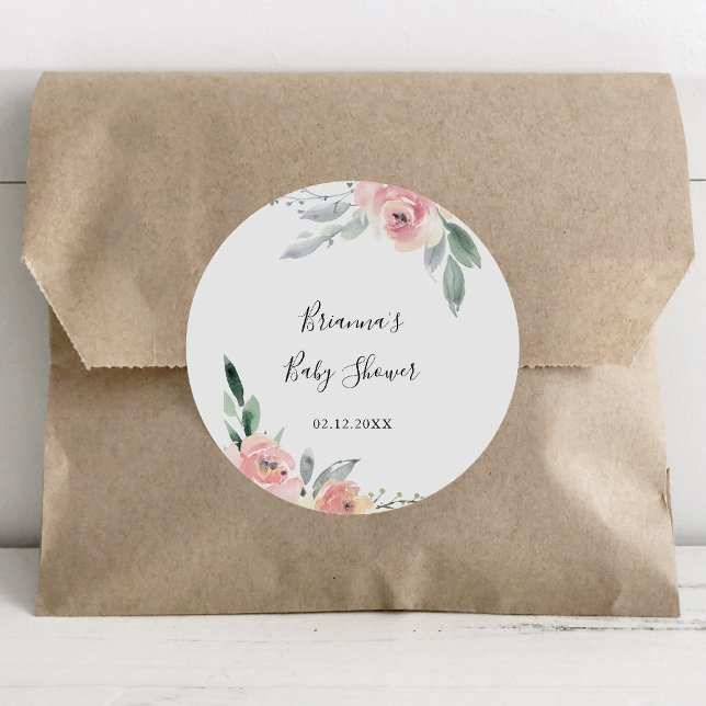 Elegant Pink Blush Floral Baby Shower Favor Classic Round Sticker (Creator Uploaded)