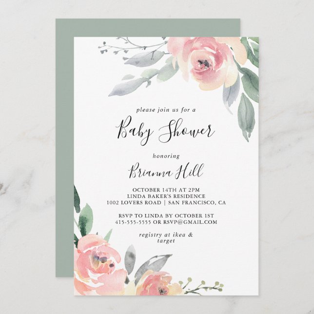 Elegant Pink Blush Floral Baby Shower Invitation (Front/Back)