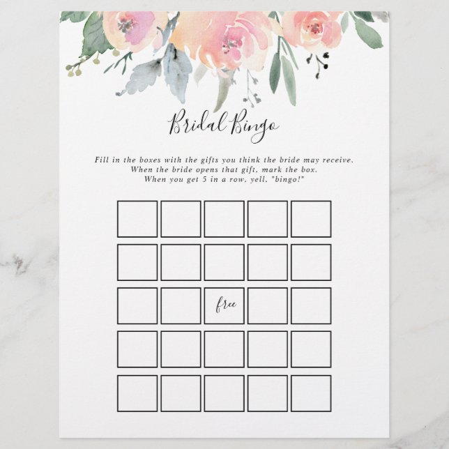 Elegant Pink Blush Floral Bridal Bingo Game (Front)
