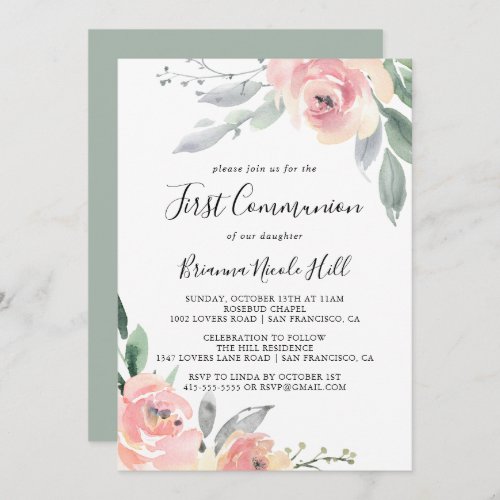 Elegant Pink Blush Floral First Communion Invitation