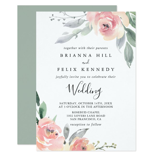 Elegant Pink Blush Floral Front & Back Wedding Invitation