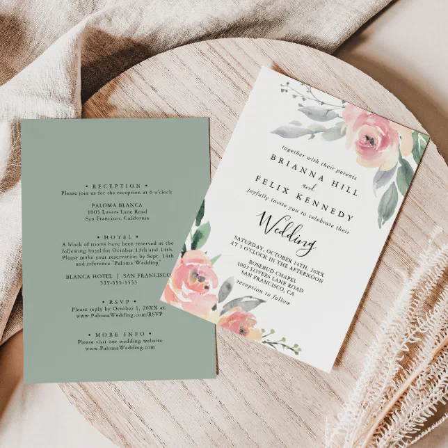 Elegant Pink Blush Floral Front & Back Wedding Invitation | Zazzle