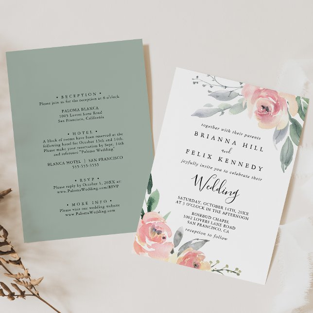 Elegant Pink Blush Floral Front & Back Wedding Invitation (Creator Uploaded)