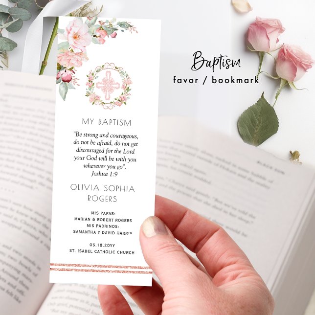 Elegant  Pink, Blush Floral Girl Baptism Favor Bookmarks (Creator Uploaded)